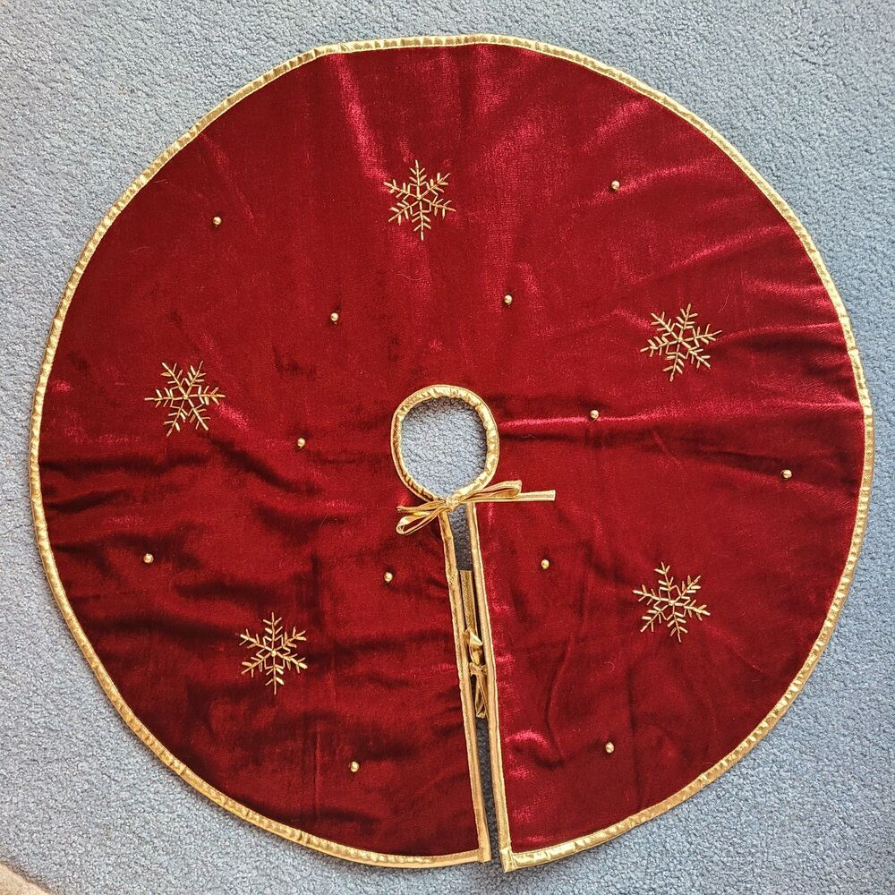 Burgundy Velvet Christmas Mini Tree Skirt Gold Snowflakes Holiday Tree Decor 28"